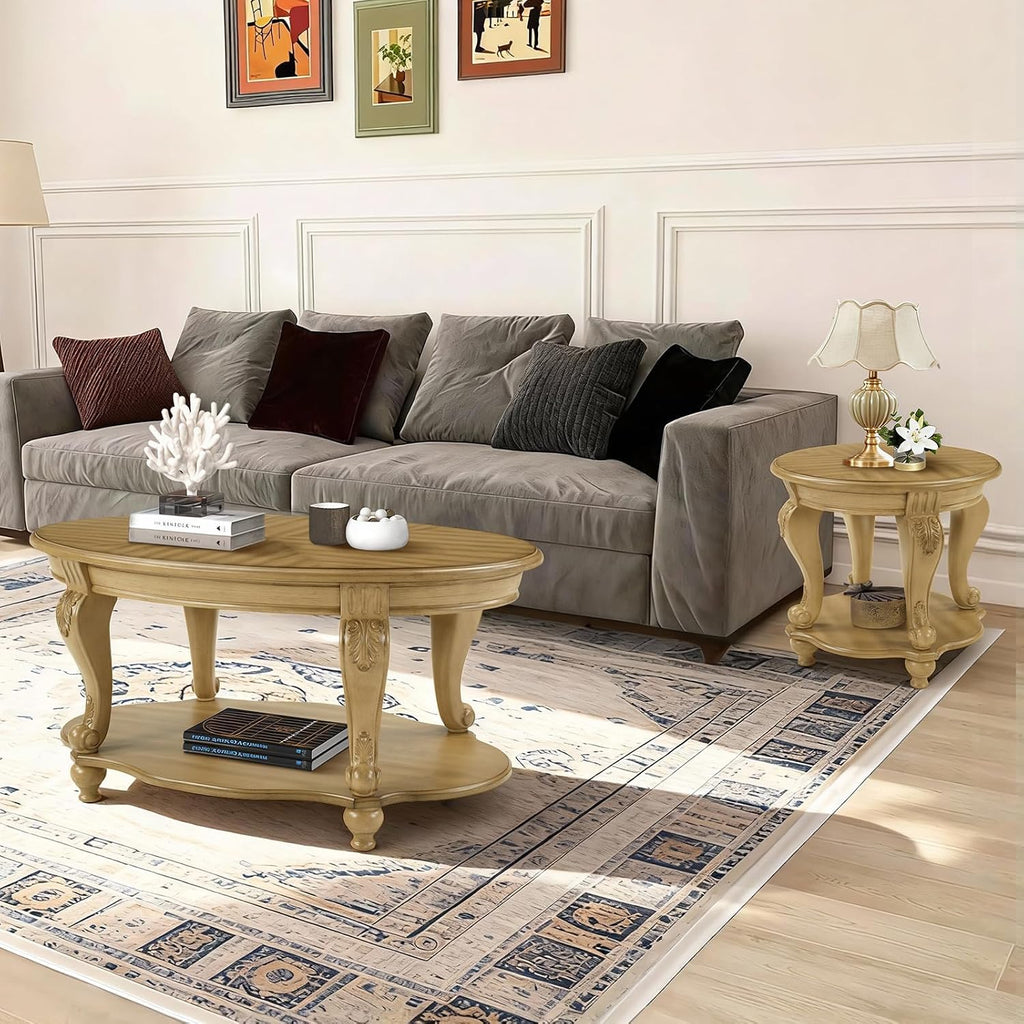Coffee Table and End Table Sets, Oval Wood Coffee Table and Round End Table Set of 2 for Living Room, Victorian Vintage Center Table Set of 3 for Office