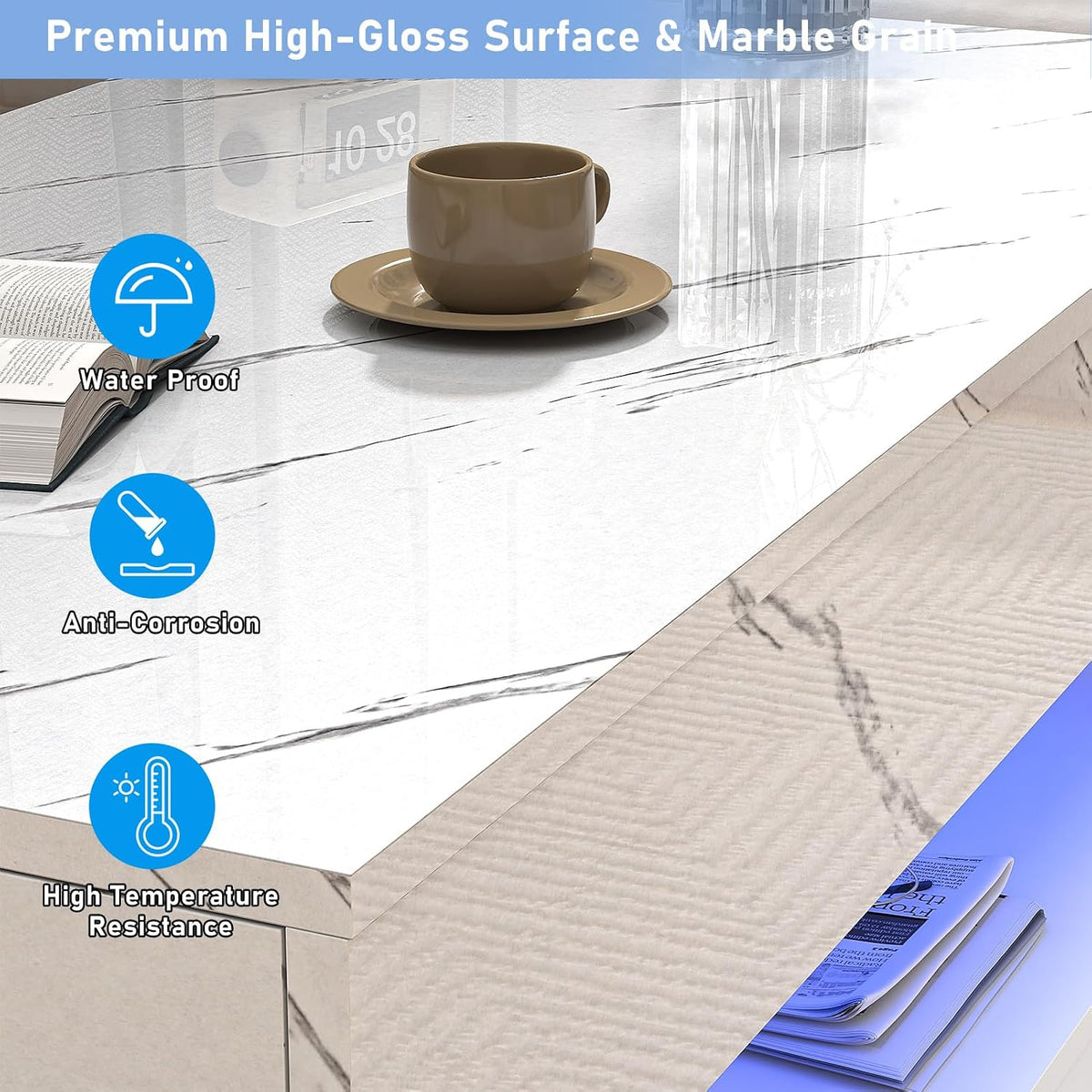 chartustriable 39.4' Large High-Glossy LED Coffee Table with 2 Sliding Drawers, Living Room Storage Coffee Tables with Marbling Print, Modern Stylish Double-Layer Center Tables w/LED Lights, White