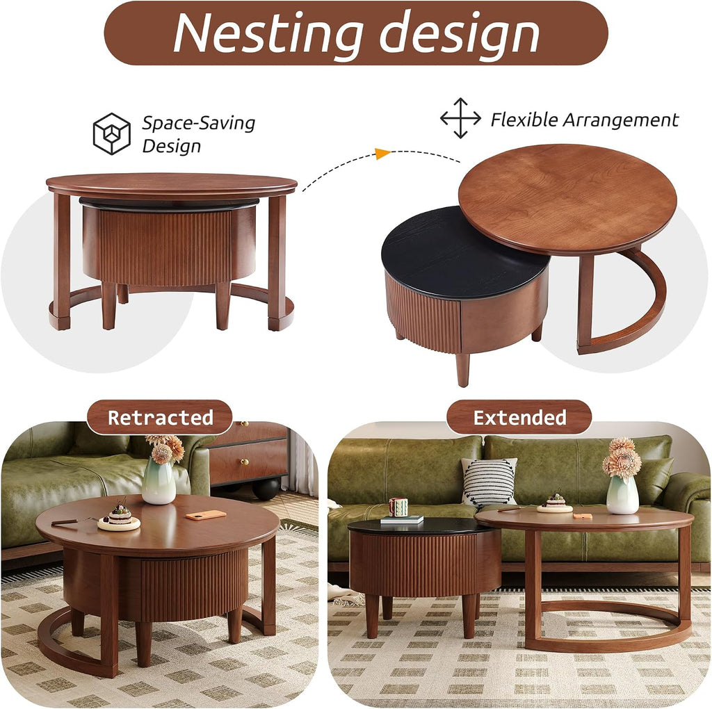 Merax 31.5'' Vintage Round Nesting Wood Coffee Table Set, 2-Tier with Drawer & Storage, Two-Tone Finish Fluted Design for Living Room Apartment, Walnut+Black