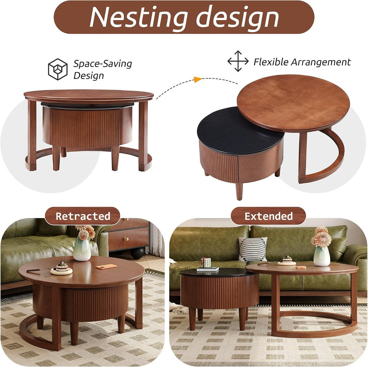 Merax 31.5'' Vintage Round Nesting Wood Coffee Table Set, 2-Tier with Drawer & Storage, Two-Tone Finish Fluted Design for Living Room Apartment, Walnut+Black