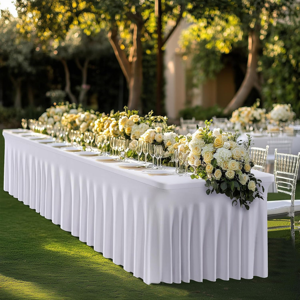 leegleri 6 Pack White Spandex Fitted Table Clothes for 8 Foot Rectangle Tables, Wrinkle Free 8ft Fitted Table Cover, Spandex Table Skirt for 8FT Rectangle Tables-for Banquet Weddings Parties