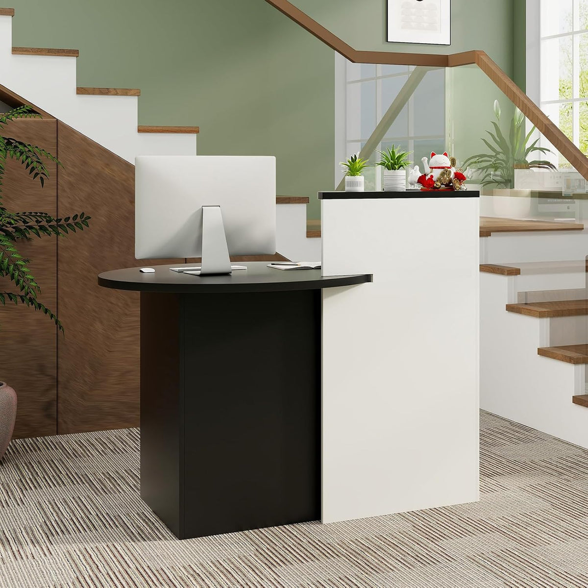 Reception Desk, Small Retail Checkout Counter with Lockable Drawer and Open Shelves, Wooden Computer Workstation for Home Office Lobby, White Oval Desktop & Black Counter