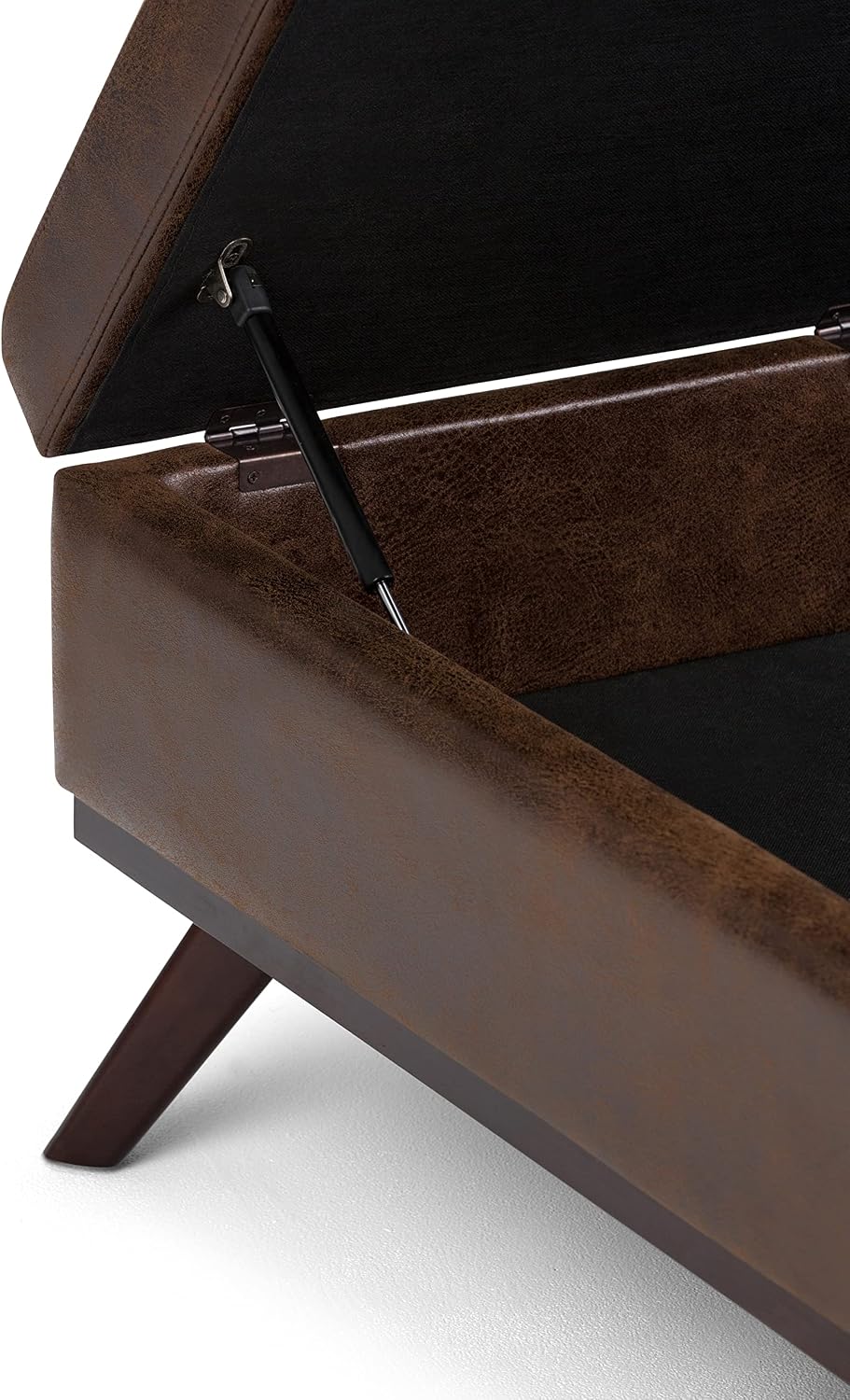 SIMPLIHOME Owen Square Coffee Table Storage Ottoman - 36 inch Wide Upholstered Vegan Leather Lift-Top Ottoman in Distressed Chestnut Brown, Mid-Century Ottoman for Living Room with Tufted Detail