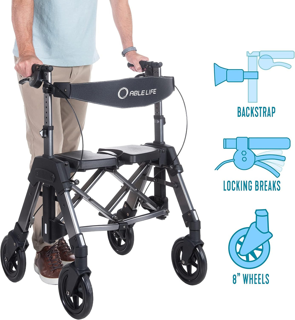 Able Life Heavy Duty Space Saver Rollator, Folding 4-Wheel Rolling Walker with Extra Wide Seat and Large 8-inch Wheels for Seniors and Elderly, 450-pound Weight Capacity, Black Walnut