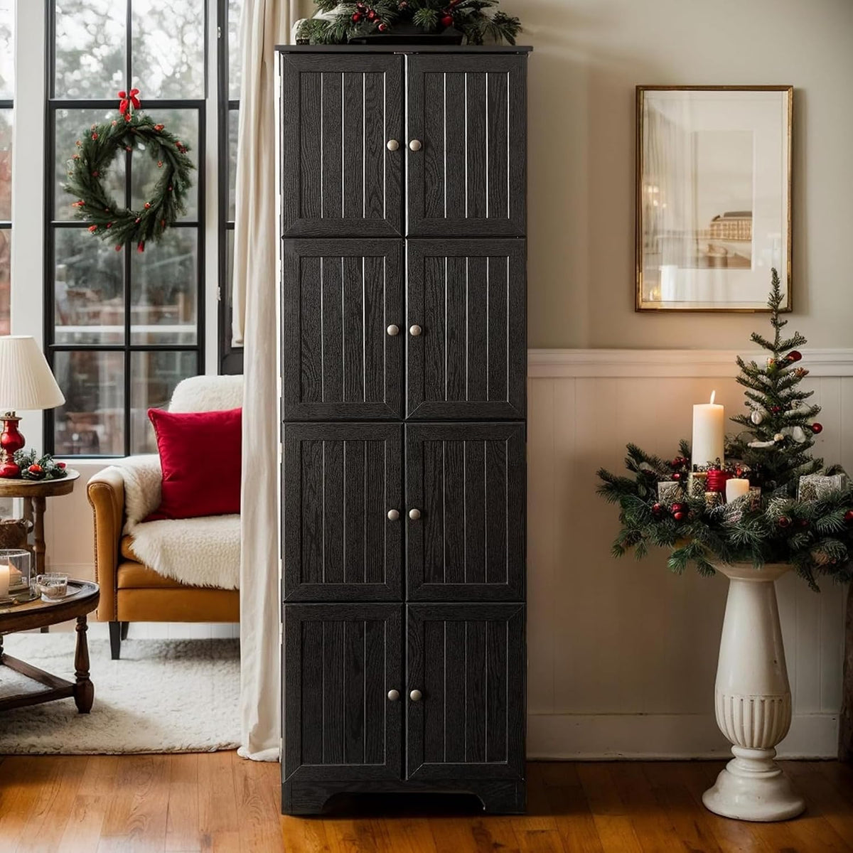 72' H Farmhouse Storage Cabinet, 4 Tier Kitchen Pantry Cabinet with 4 Shelves, 8 Doors Freestanding Floor Storage Cabinet Wooden Organizer Bookcase for Living Room & Kitchen (Black)