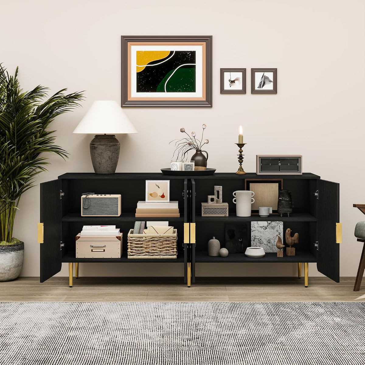 65' Fluted Sideboard Buffet Cabinet with Storage, Console Cabinet with 4 Doors & Adjustable Shelves, Modern Buffet Table for Kitchen Dining Living Room Hallway‌ Entryway, Black