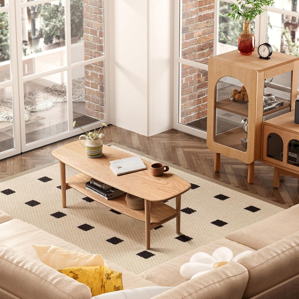 100% Solid Oak Wood Coffee Table with Open Shelf - Oval Narrow Coffee Table for Small Space, Living Room (Oak, 39.37')