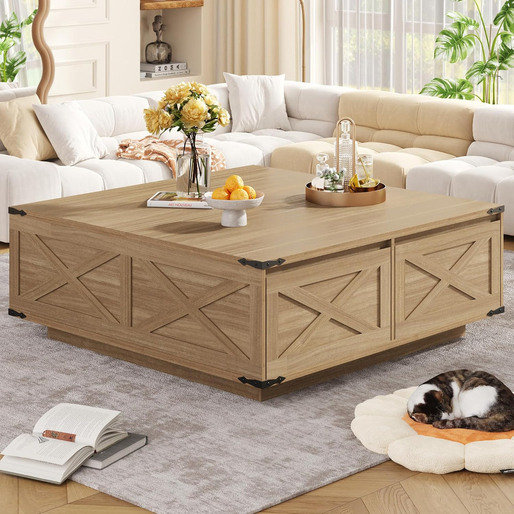 St.Mandyu 47' Farmhouse Square Coffee Table with 4 Drawers Extra Large Coffee Table with Storage Wooden Large Coffee Tables for Living Room Square Center Table for Home Office Natural