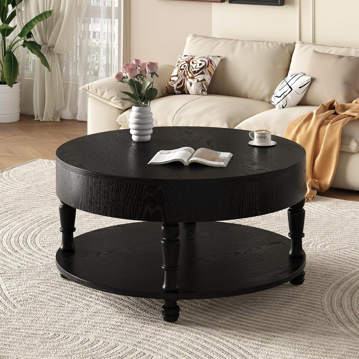 Round Coffee Table for Living Room 31.5' W Small Coffee Tables with Storage Open Shelf 2-Tier Modern Design Industrial Circle Wood Center Home Furniture Apartment Black