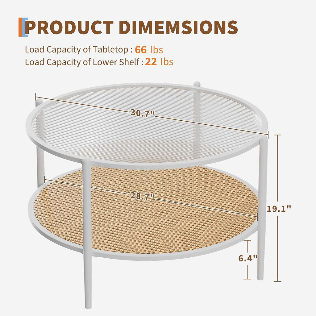 Garvee 30' Round Rattan Coffee Table with Storage, 2-Tier Circle Water-Wave Glass Center Table for Living Room, Modern Small Circle White End Table for Bedroom, Office, Apartment