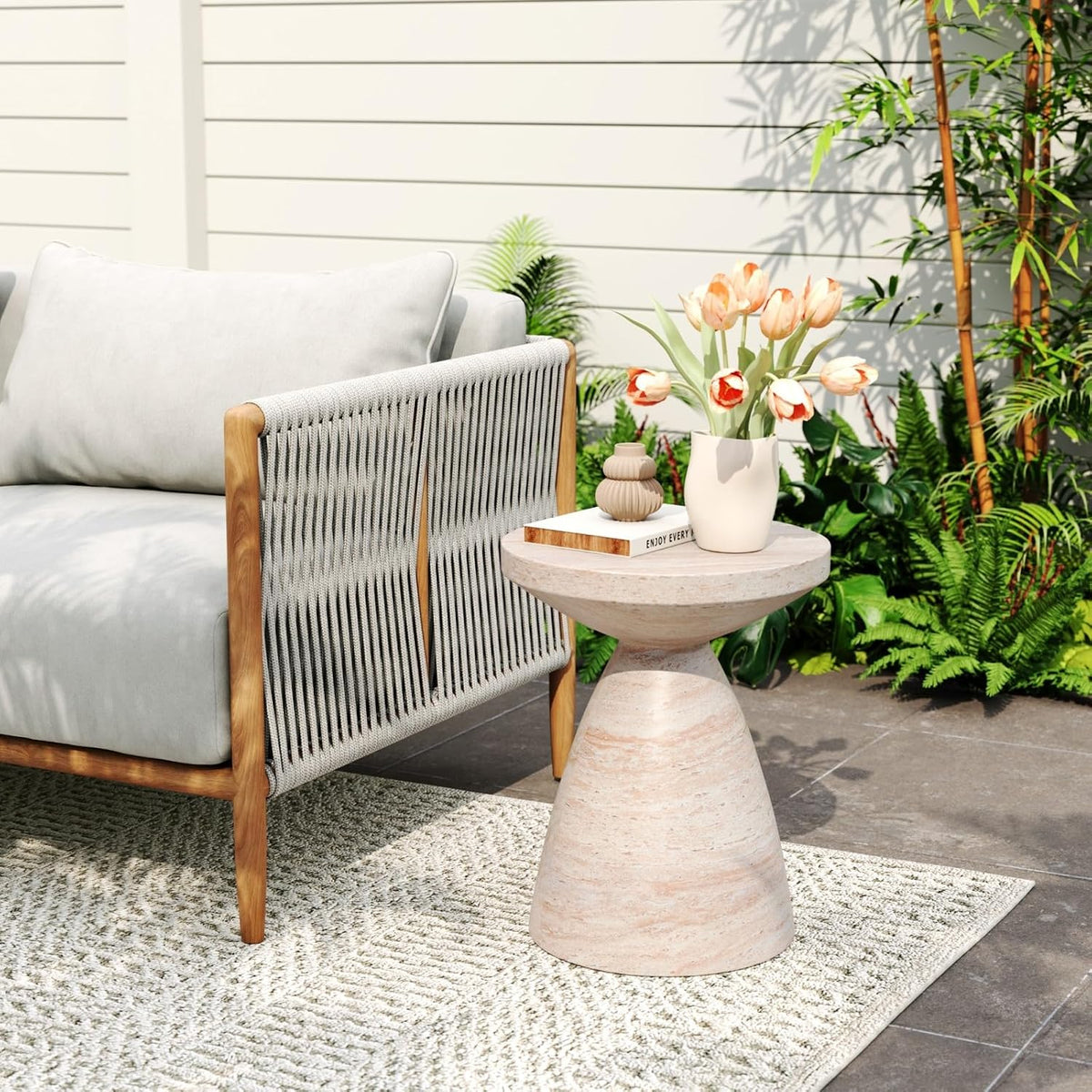 KEVINSPACE Small Side Coffee Table Outdoor MGO Round End Living Room Accent Sofa Bedside Couch Table Bedroom Apartment Indoor 18' W x20.25 H Beige Concrete