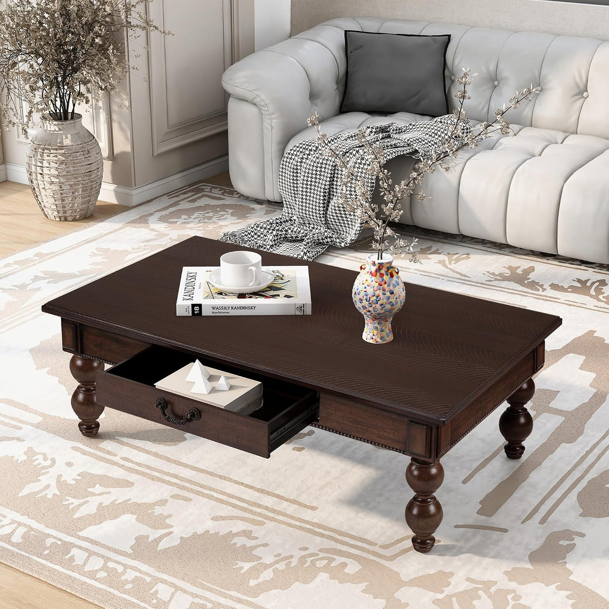 Rectangular Wooden Coffee Table with Storage Drawer, Vintage Cocktail Table with Solid Wood Gourd-Shaped Legs for Living Room