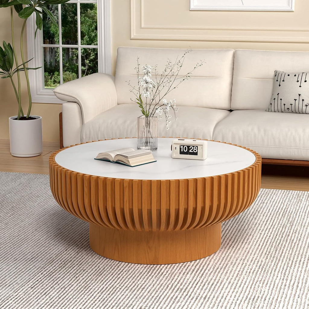 Round Handcraft Fluted Coffee Table with Sturdy Stable Pedestal Modern Luxury Drum Center Table Circle Accent Base Center Tables for Living Room Apartment (R)