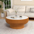 Round Handcraft Fluted Coffee Table with Sturdy Stable Pedestal Modern Luxury Drum Center Table Circle Accent Base Center Tables for Living Room Apartment (R)