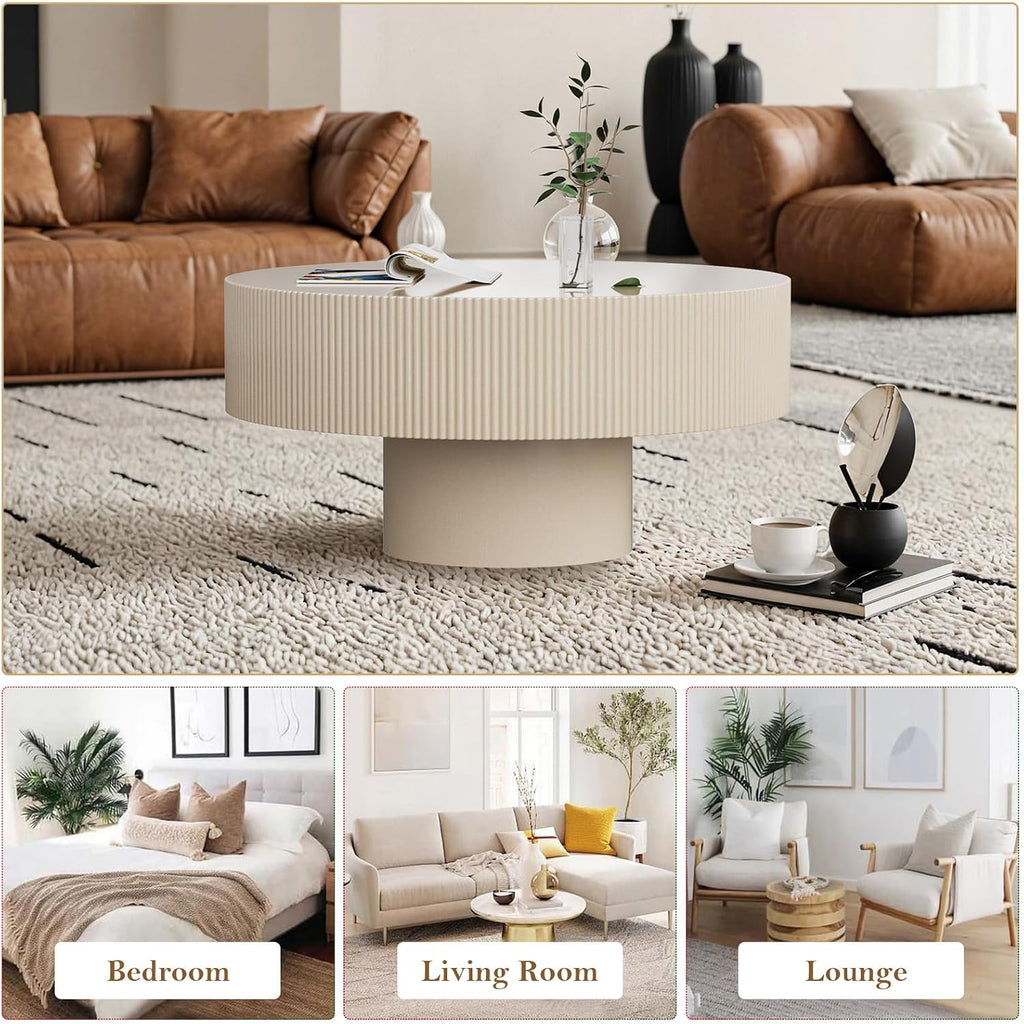 Round Drum Fluted Coffee Table for Living Room Modern Circle Coffee Table with Pedestal Center Tables Fluted Accent Tea Tables for Apartment Living Room (DS)