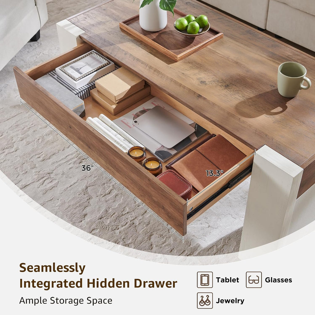 OKD 48' Modern Farmhouse Coffee Table, Wooden Living Room Table with Hidden Storage Drawer, Rustic Rectangular Center Tables with Wood Thick Design for Living Room, Office, Antique White