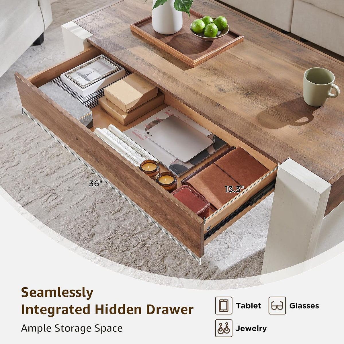OKD 48' Modern Farmhouse Coffee Table, Wooden Living Room Table with Hidden Storage Drawer, Rustic Rectangular Center Tables with Wood Thick Design for Living Room, Office, Antique White