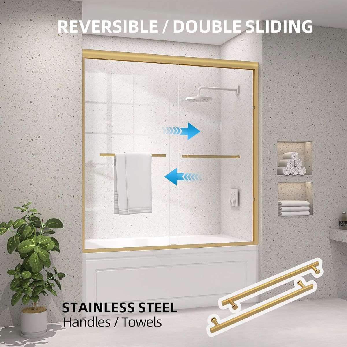 Shower Tub Door 56-60 in. W x 62 in. H Double Sliding Semi-Frameless Bathroom Bathtub Shower Doors 1/4 inch Clear Tempered Glass Tub Door for Walk-in Shower Brushed Gold Harewares