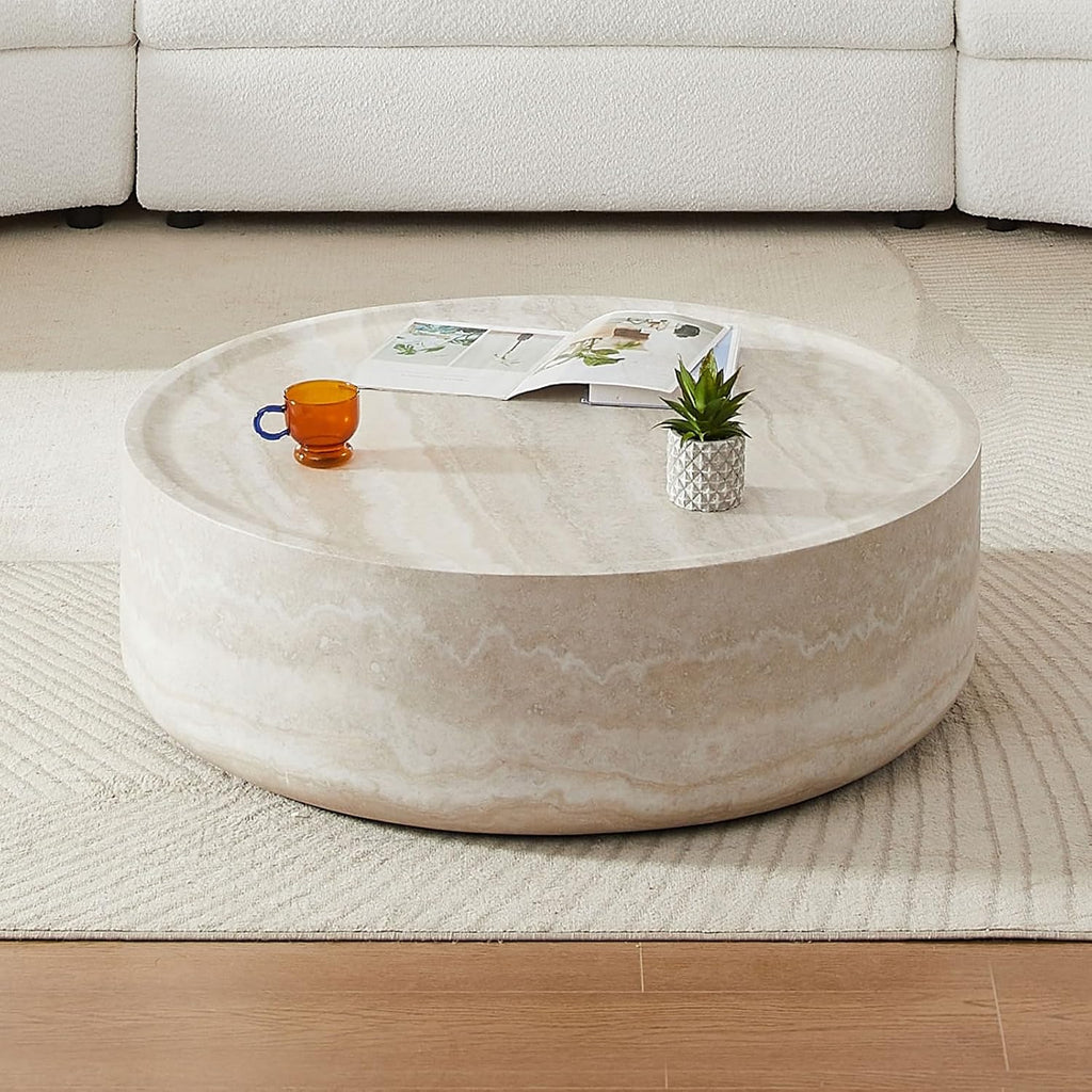 35.43' Faux Mars Pattern Round Coffee Table, Faux Travertine Textured Fiberglass Coffee Table for Living Room, No Assembly Required