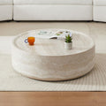 35.43' Faux Mars Pattern Round Coffee Table, Faux Travertine Textured Fiberglass Coffee Table for Living Room, No Assembly Required