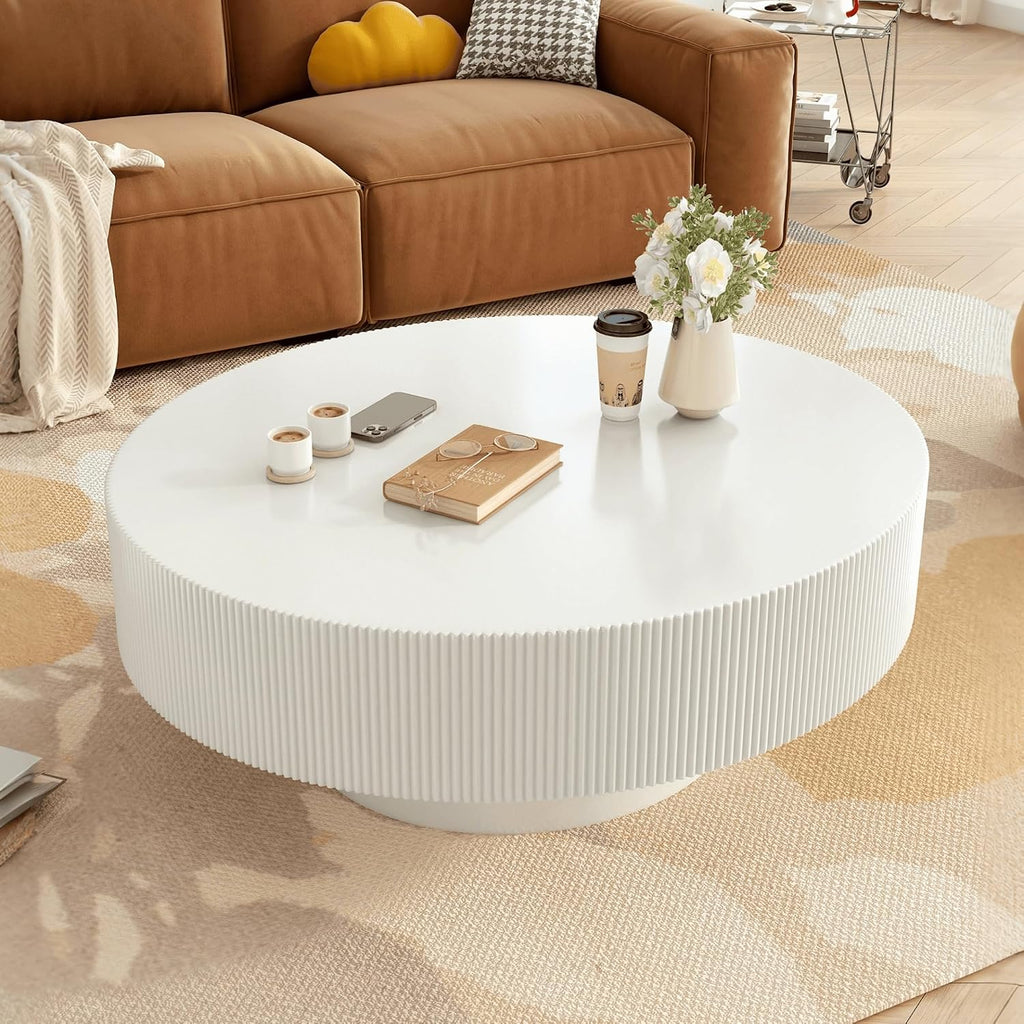 JUSTONE 31.5' Round Coffee Table, Farmhouse Wood Coffee Table for Living Room,Modern Drum End Table with Handcrafted Relief for Apartment,ø31.5'' x 13.7''H (White)