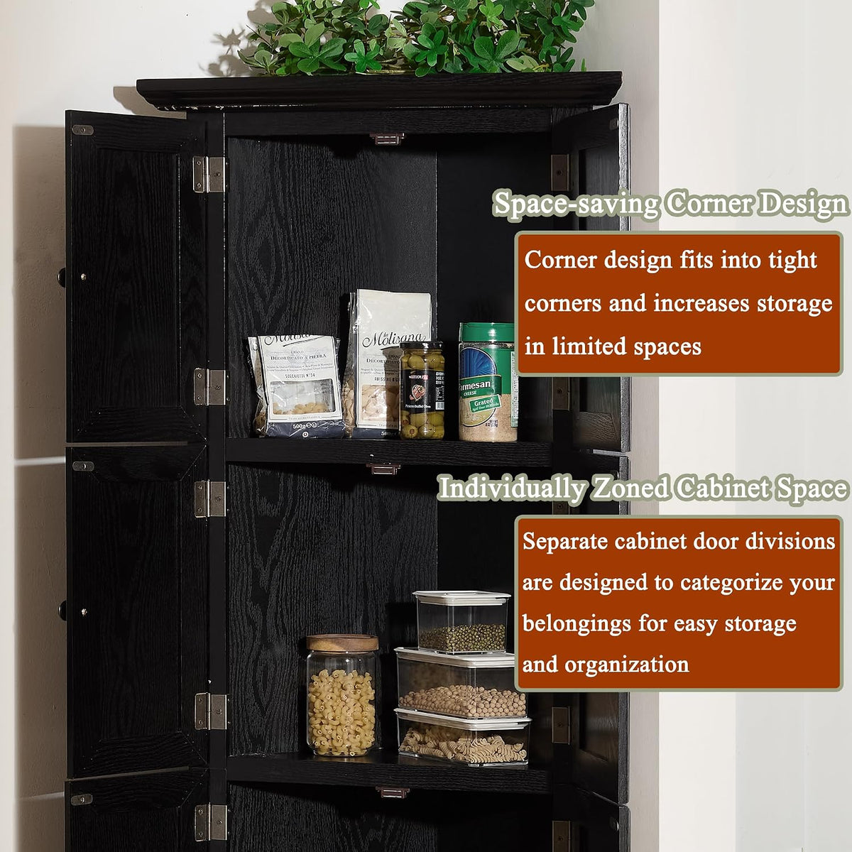 72' H Farmhouse Corner Storage Cabinet with 8 Doors & 4 Shelves, 4 Tier Kitchen Corner Pantry Cabinet Wooden Organizer Case Bookshelf, Home Space Saver Cabinet for Kitchen,Living Room(Black)