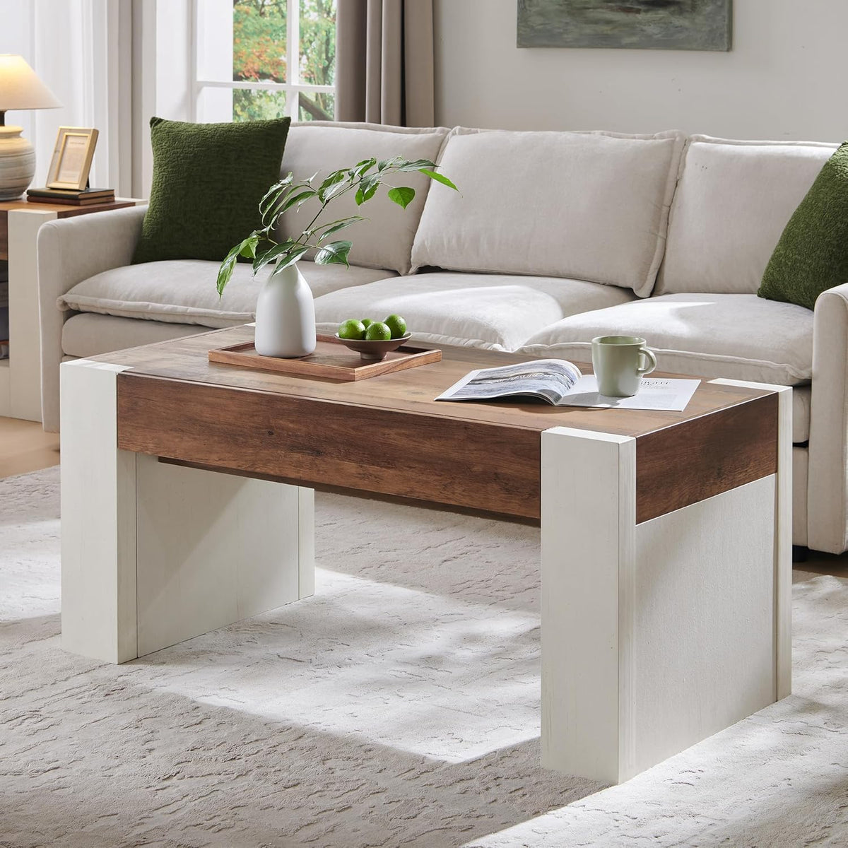 OKD 48' Modern Farmhouse Coffee Table, Wooden Living Room Table with Hidden Storage Drawer, Rustic Rectangular Center Tables with Wood Thick Design for Living Room, Office, Antique White