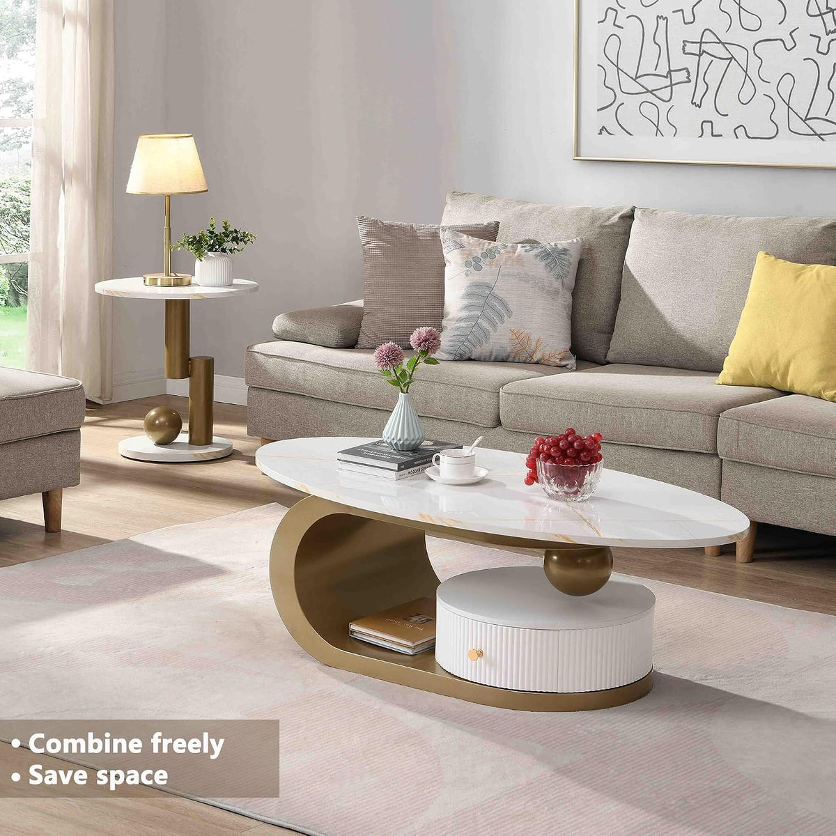 Oval Nesting Coffee Table Set of 2 Faux Marble Golden Round End Table Modern Living Room Table Large 47Inch Coffee Table with Storage Drawer, White