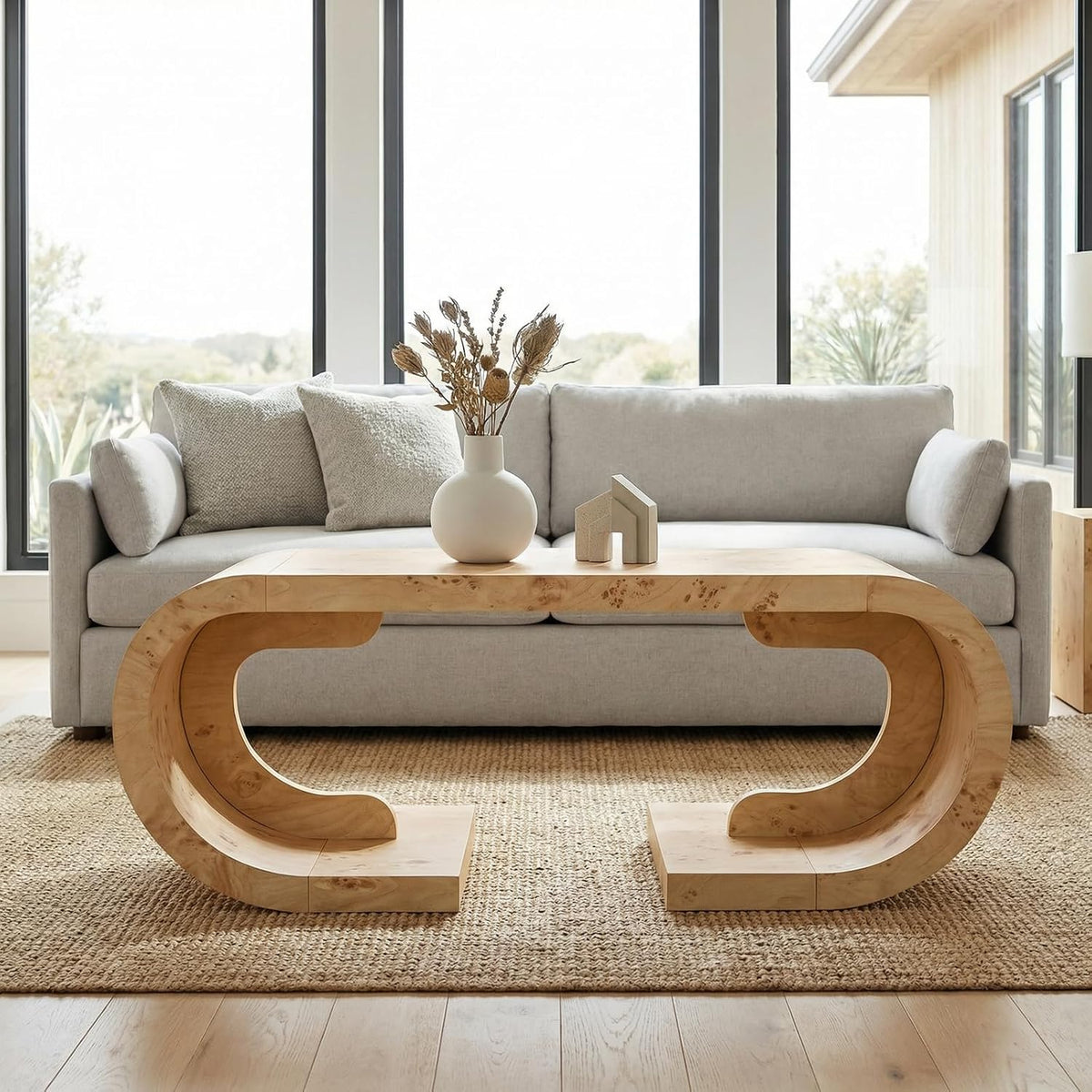 SSLine Mid-Century 47.24' Curved Coffee Table with Pedestal Base Burl Wood Veneer Natural Grain Top Center Table C-Shaped Center Tables for Living Room Bedroom