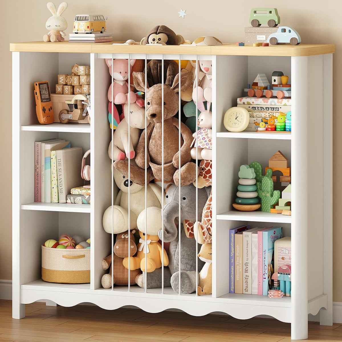 Wooden Stuffed Animal Storage, 6 Cube Toy Storage Organizer w/Wave Design, Plush Toy Organizers and Storage w/Elastic Band Thick Board, Kids Bookshelf for Kids Room Nursery Playroom (White and Nature)