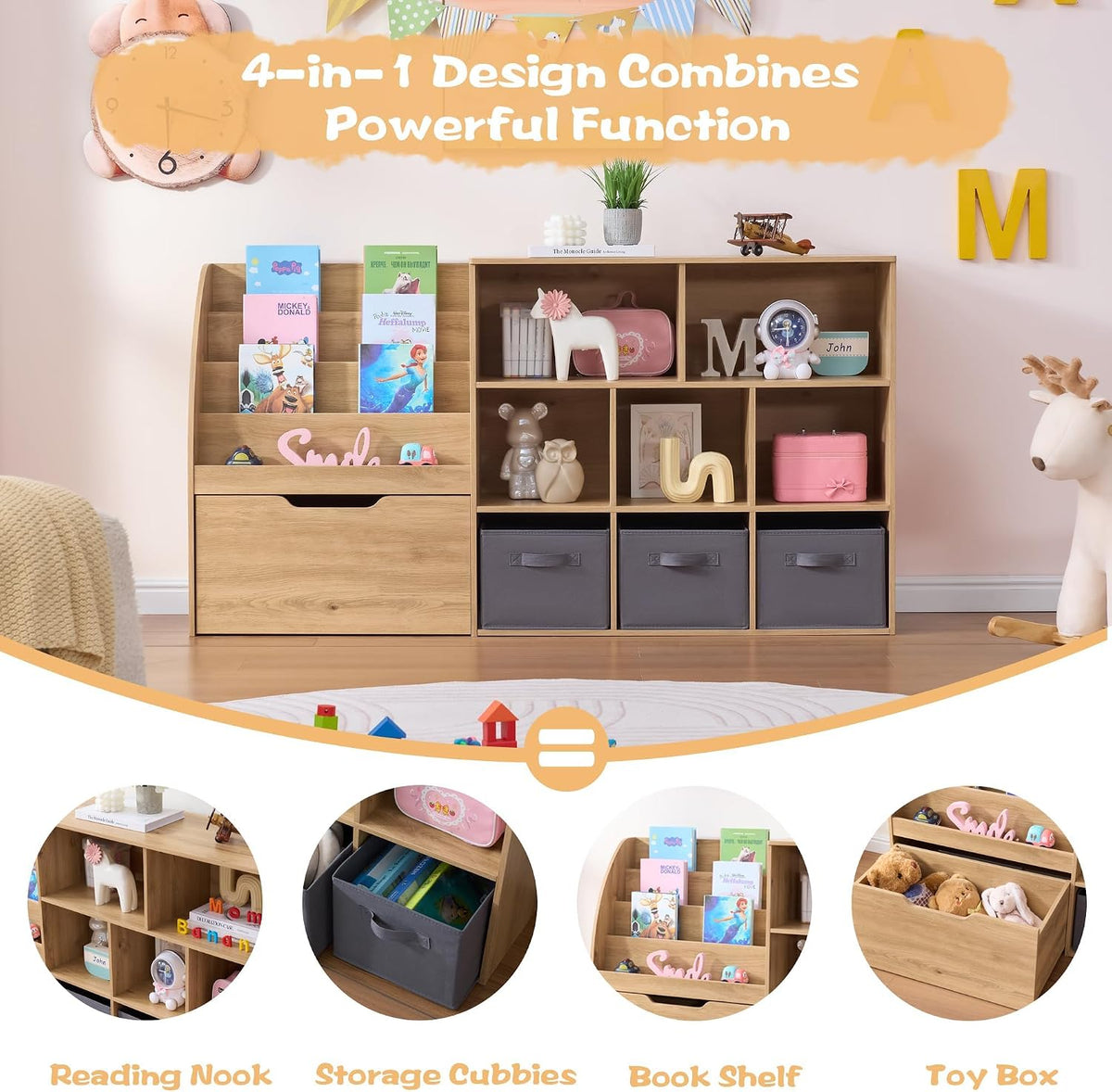 Fatmok 2 Pack Kids Bookcase, 58.5 Inch Wooden Storage Organizer with Reading Nook, Front Facing Book Rack, 5 Cubbies & Detachable Toy Bins, Storage Cabinet for Playroom, Nursery, Kids Bedroom