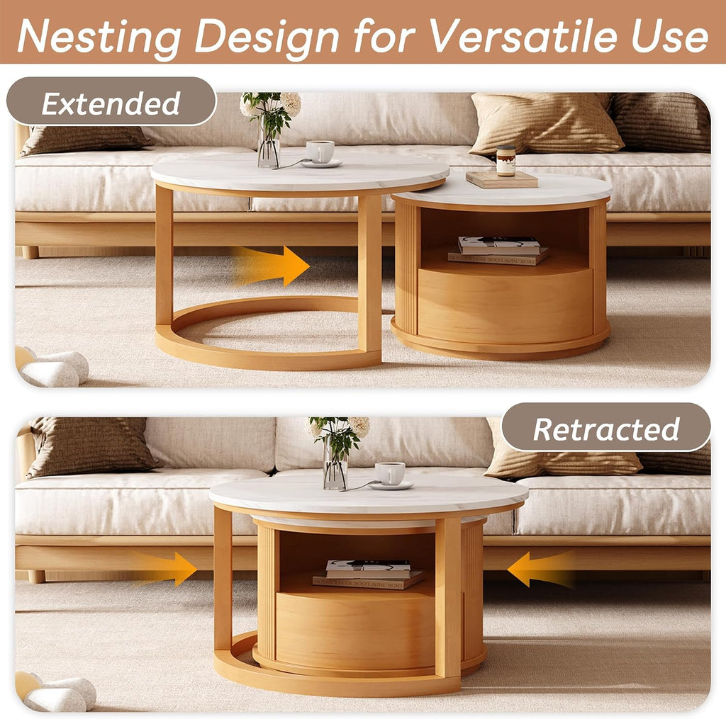 28.5' Natural Nesting Coffee Table Set of 2, Vintage Round Coffee Table for Living Room with 2-Tier Storage and 1 Drawer White Marble Top End Side Table for Bedroom
