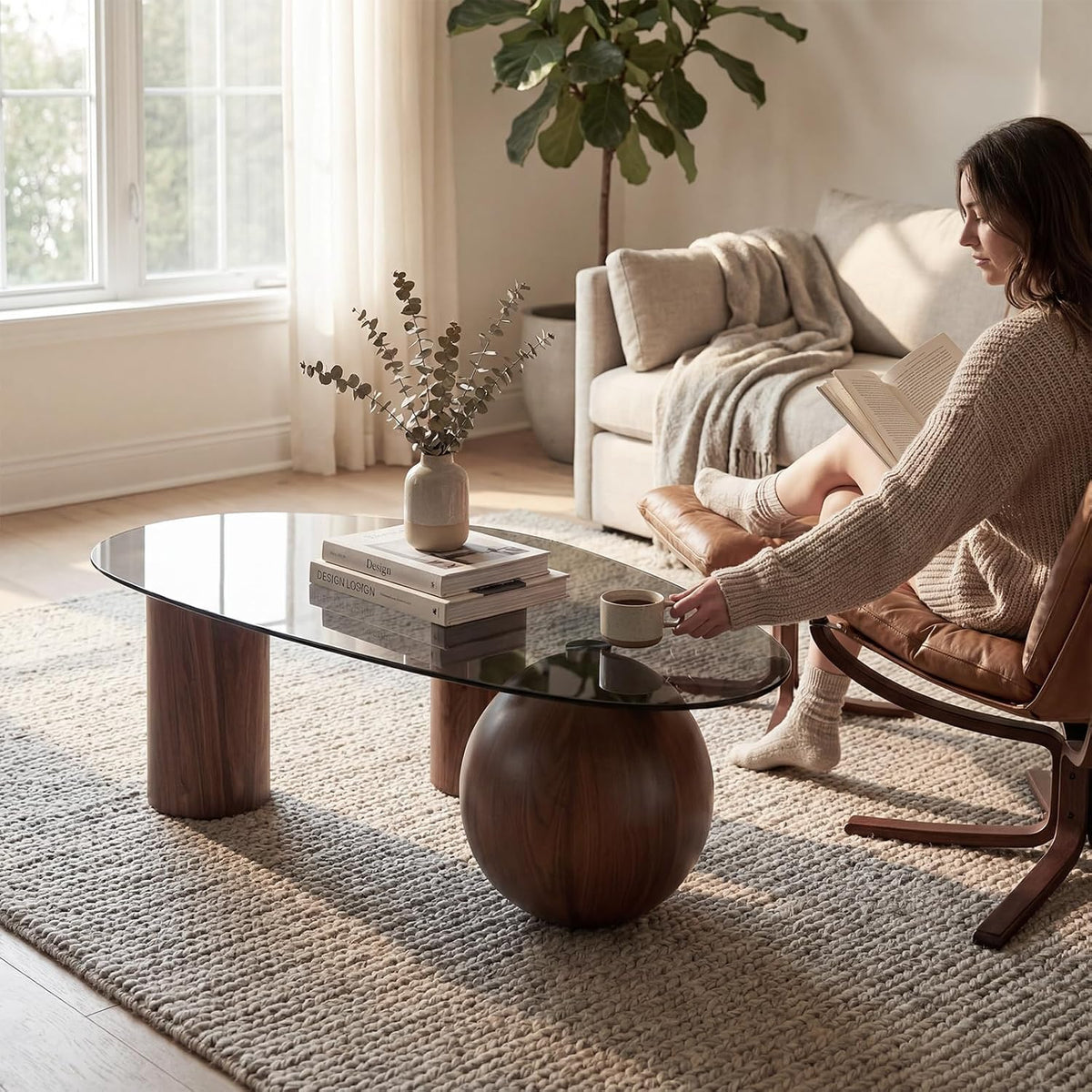 Hyfirm 55' Irregular Cloud Glass Coffee Table, Modern Black Tempered Glass Top with Walnut Finished Legs, Accent Center Table for Living Room & Bedroom