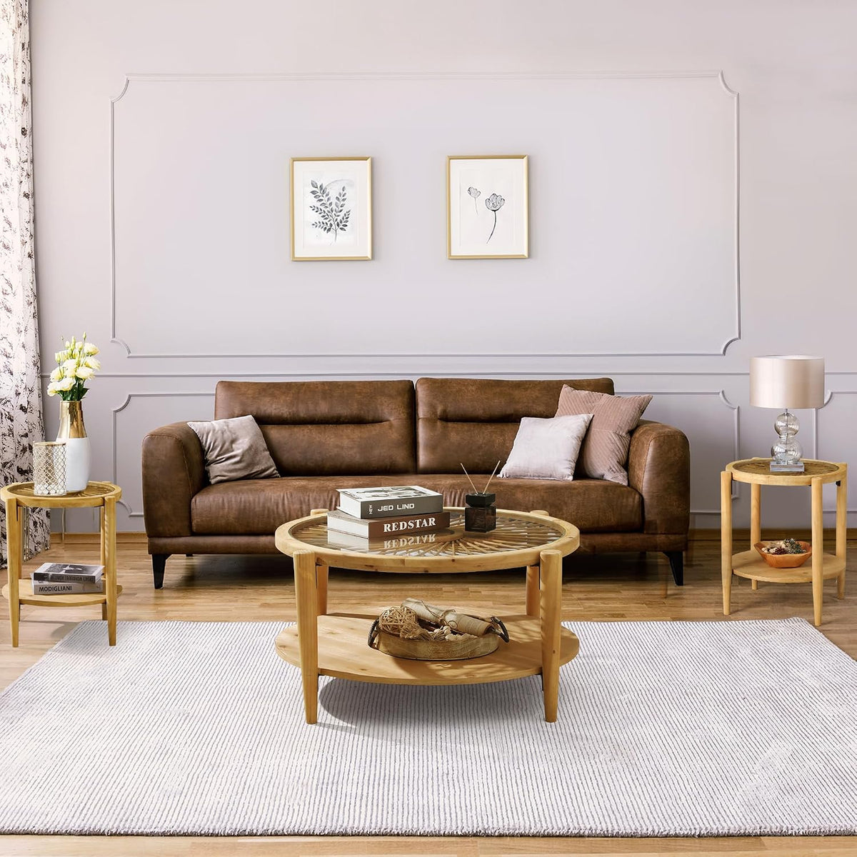 RUSTOWN Rattan Coffee Table Set, 4 Pieces Rattan Living Room Table Set Includes Console Table, Round Coffee Table & 2 End Tables, Boho Farmhouse Set for Living Room, Bedroom, Home Office, Natural