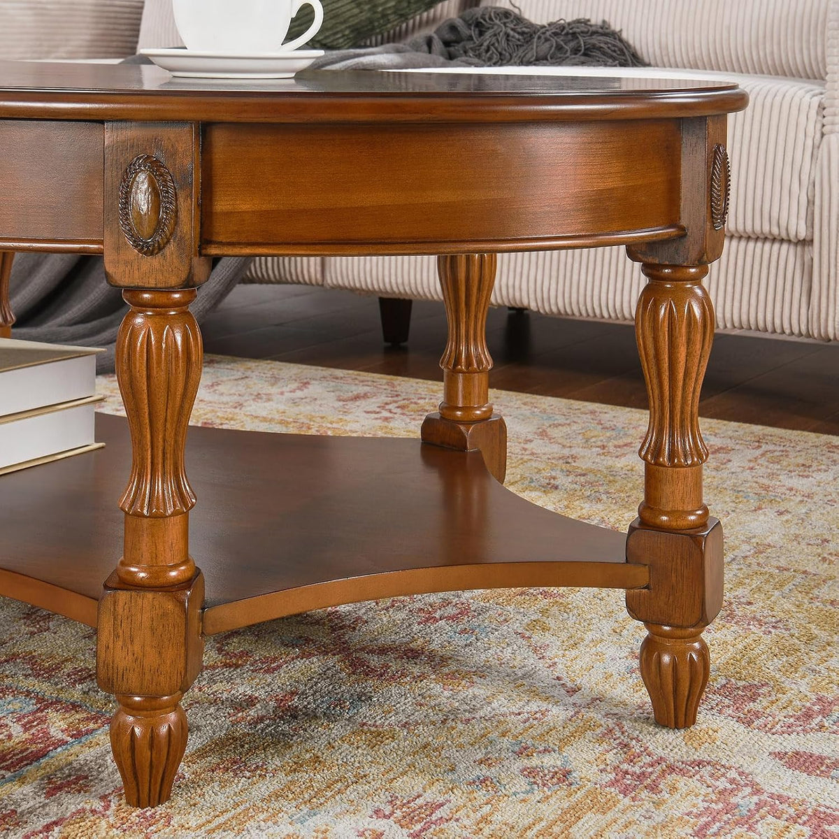 Solid Wood Oval Coffee Table with Drawer, Patterned Top and Vintage Carved Edge, 45' x 18' Center Table in Caramel Brown for Living Room