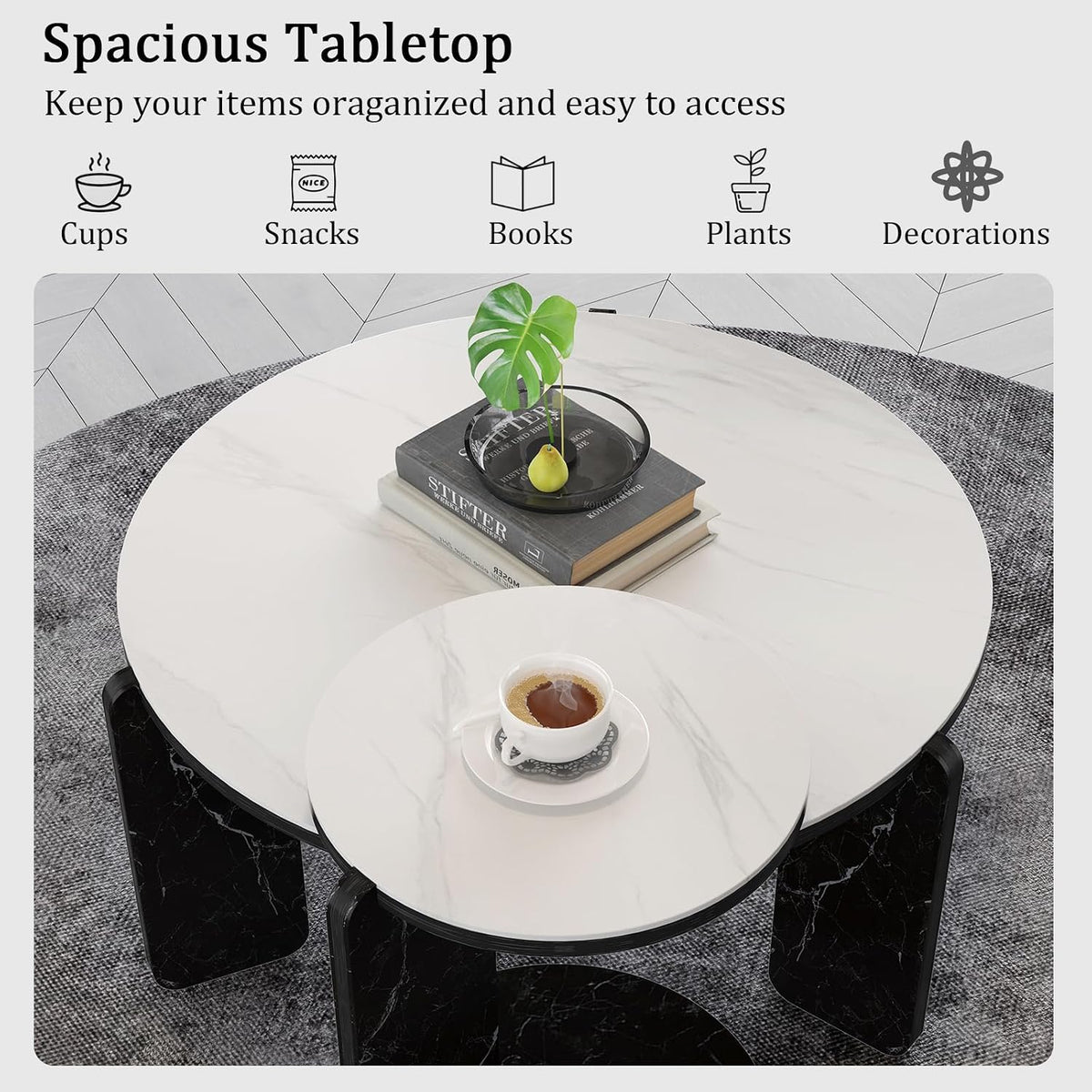 Modern Nesting Coffee Table Set of 2, 2-Piece Modern 32.68' & 16.93' Round Living Table Set with White Sintered Stone Top and Black Sintered Stone Legs for Living Room