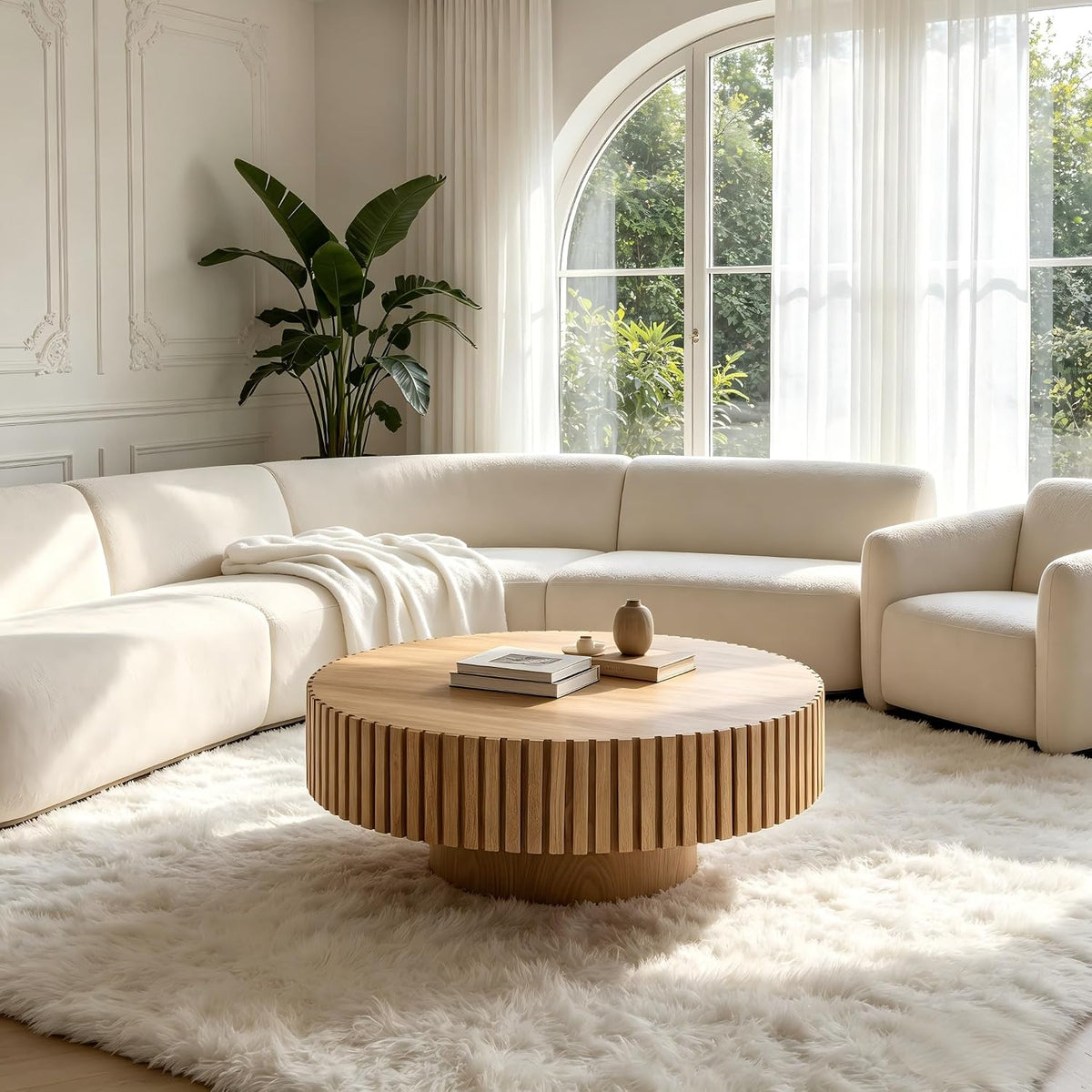 KEVINSPACE Round Coffee Table, 39' Big Wooden Fluted Coffee Table with Fluted Base, Circle Accent Center Table for Living Room Apartment Office Small Space, Easy Assembly, Wood