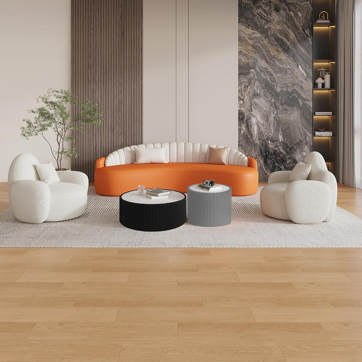 GDFStudio Modern Round Coffee Table, Luxury Sintered Stone Top Circle Coffee Table with PU Leather Drum Base, Creative Shape Small Tables for Living Room Side Tables, Fully Assembled, Black-Large