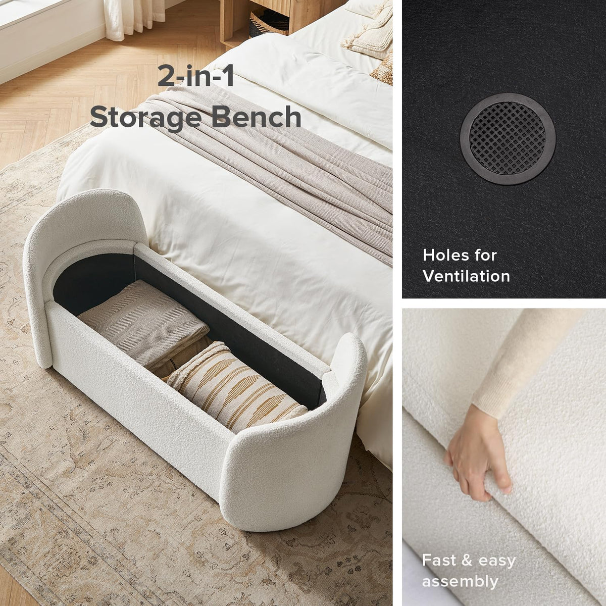 mopio Sophie 51' Ottoman Storage Bench, Entryway and Window Seating, End of Bed Curved Stool for King & Queen Bed, Storage Chest for Bedroom (Pearl White Boucle)
