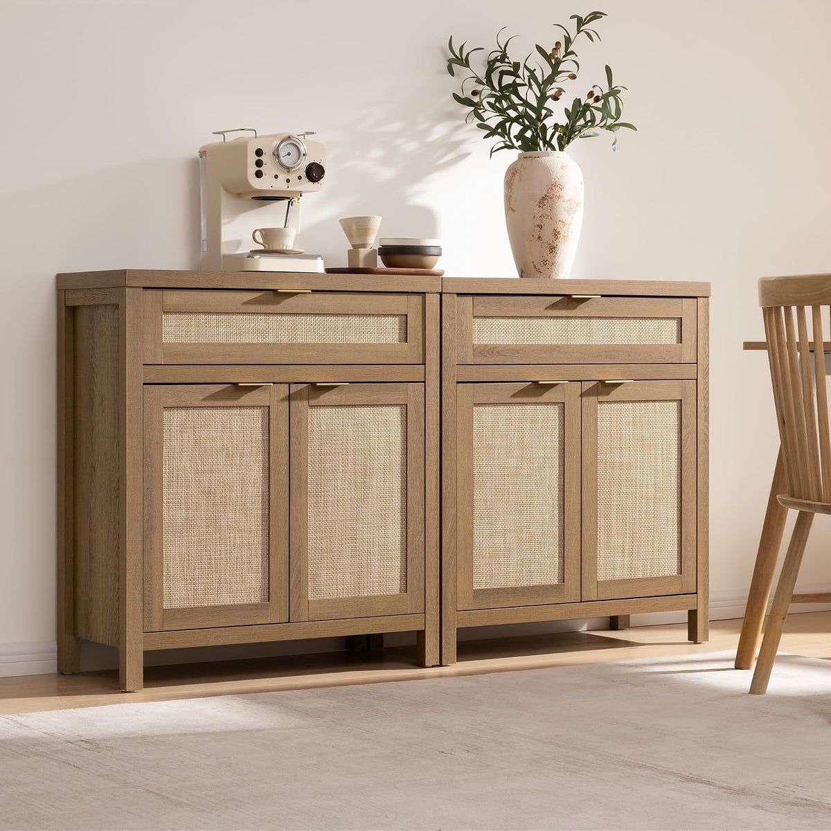 SICOTAS Buffet Cabinet Sideboard with Storage, Rattan Accent Cabinet with Doors Drawer, Boho Credenzas Farmhouse Buffet Table Console Coffee Bar Cabinets for Entryway Living Room, Natural Oak