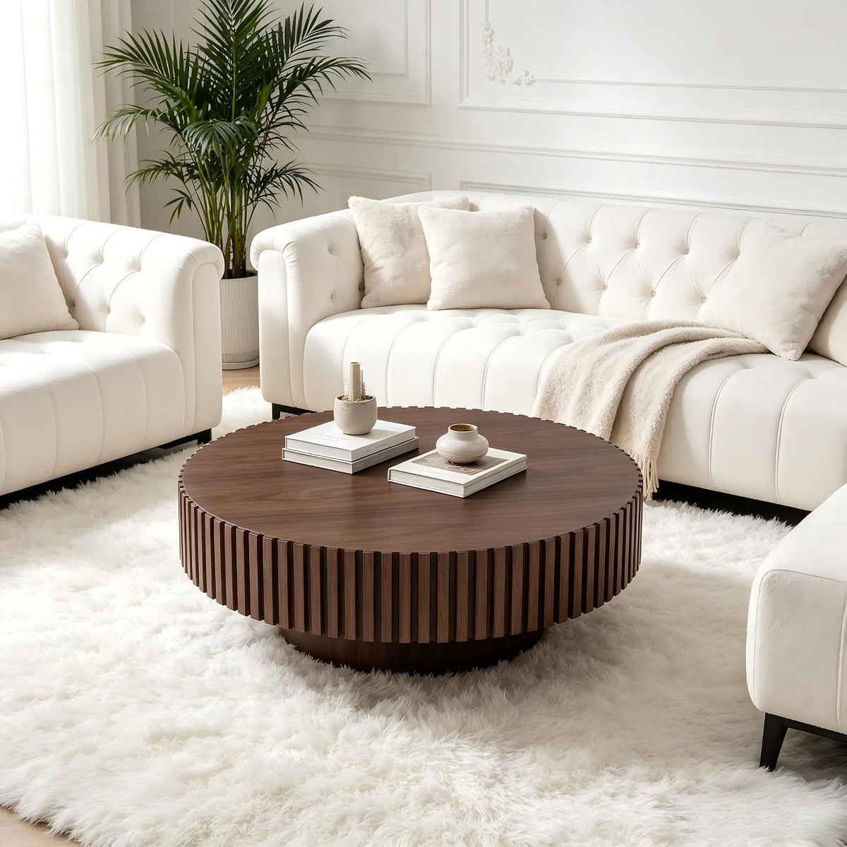 KEVINSPACE Round Coffee Table, 39' Big Wooden Fluted Coffee Table with Fluted Base, Circle Accent Center Table for Living Room Apartment Office Small Space, Easy Assembly, Walnut