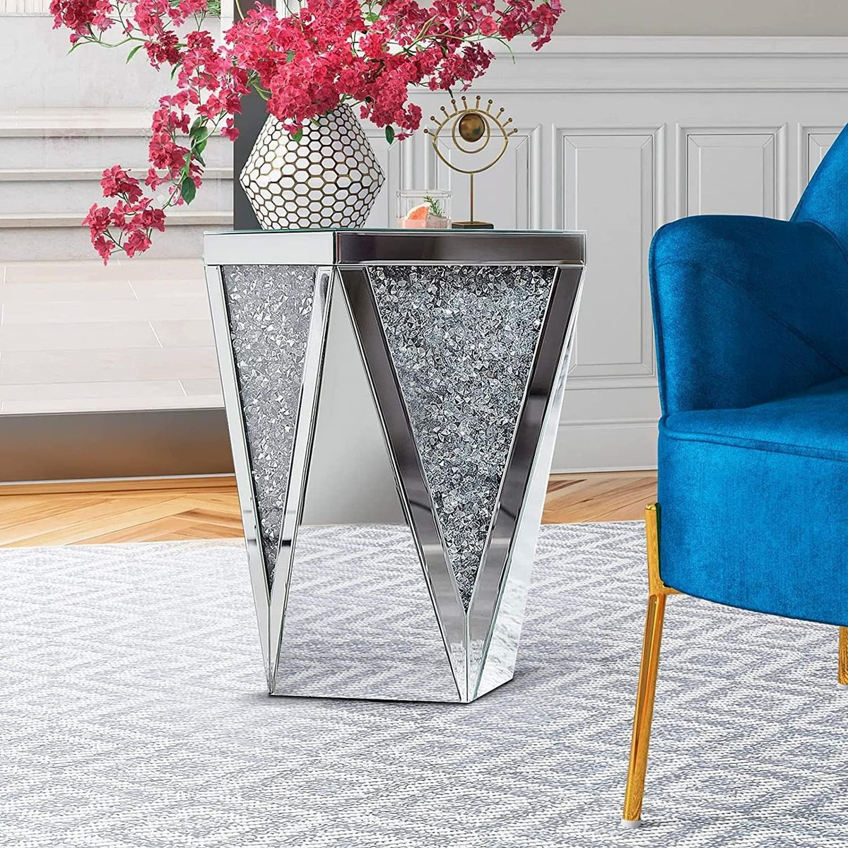 Pregaspor Silver Mirrored End Table, Crystal Inlay Side Table Accent Table, Small Mirrored Coffee Table for Living Room, Bedroom, Corner, 22' H