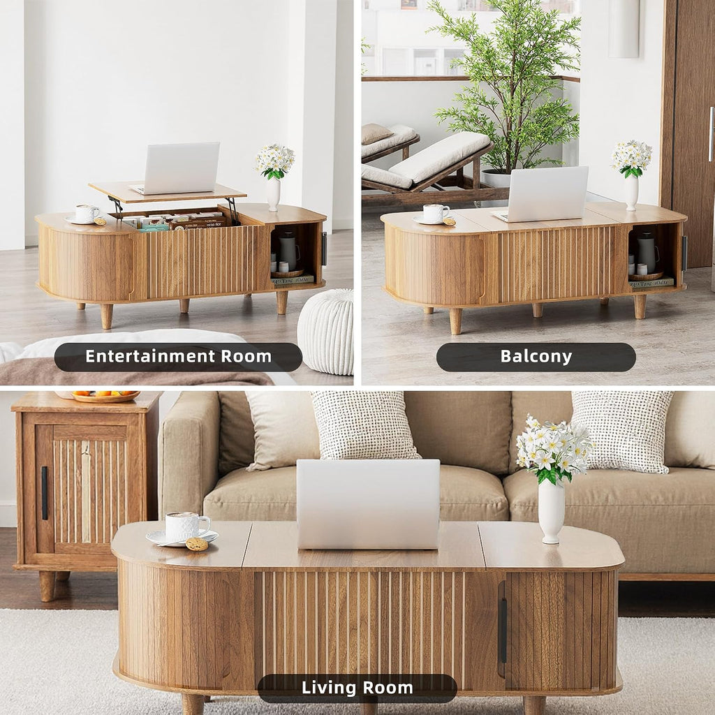 Lift Top Coffee Table, Oval Mid Century Modern Center Table with 3 Hidden Storage, 41' Coffee Tables with Sliding Door and Open Cabinet for Living Room Bedroom Office, Walnut Wood