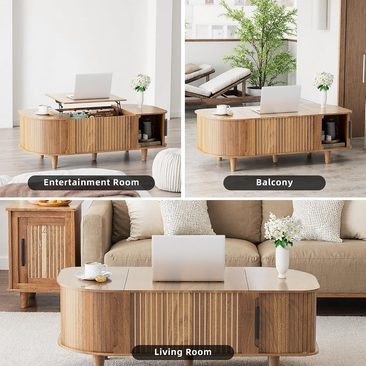 Lift Top Coffee Table, Oval Mid Century Modern Center Table with 3 Hidden Storage, 41' Coffee Tables with Sliding Door and Open Cabinet for Living Room Bedroom Office, Walnut Wood
