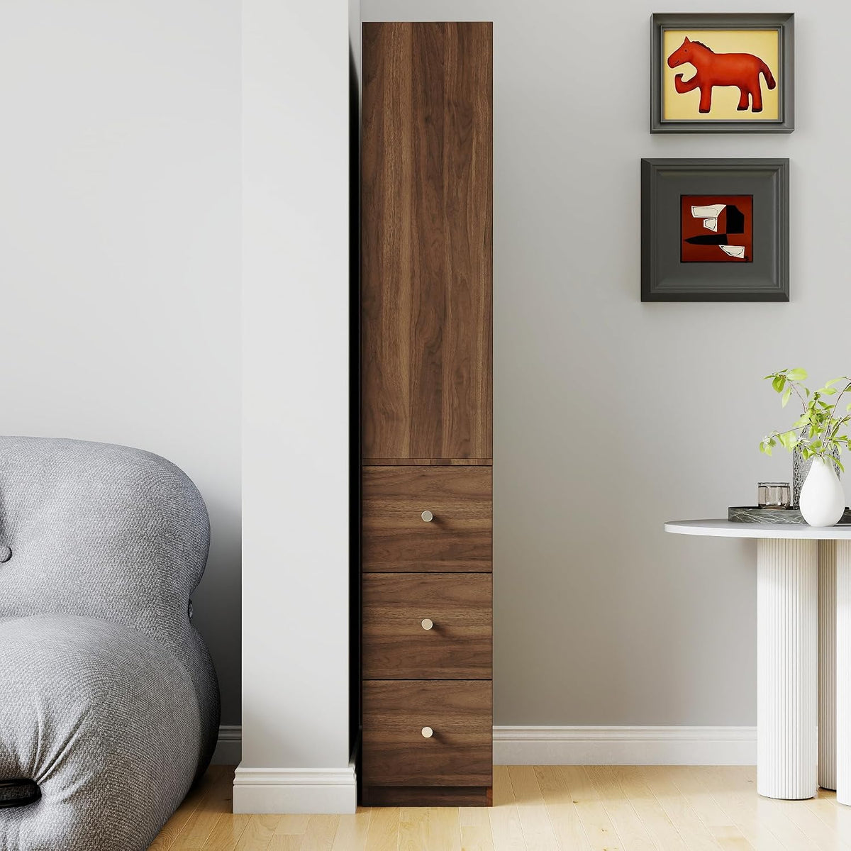 70.87' H Display Storage Cabinet, Narrow Wooden Corner Cabinet with 4-Tier Shelves and 3 Side Drawers, Tall Bookshelf and Bookcase for Living Room Home Office, Walnut