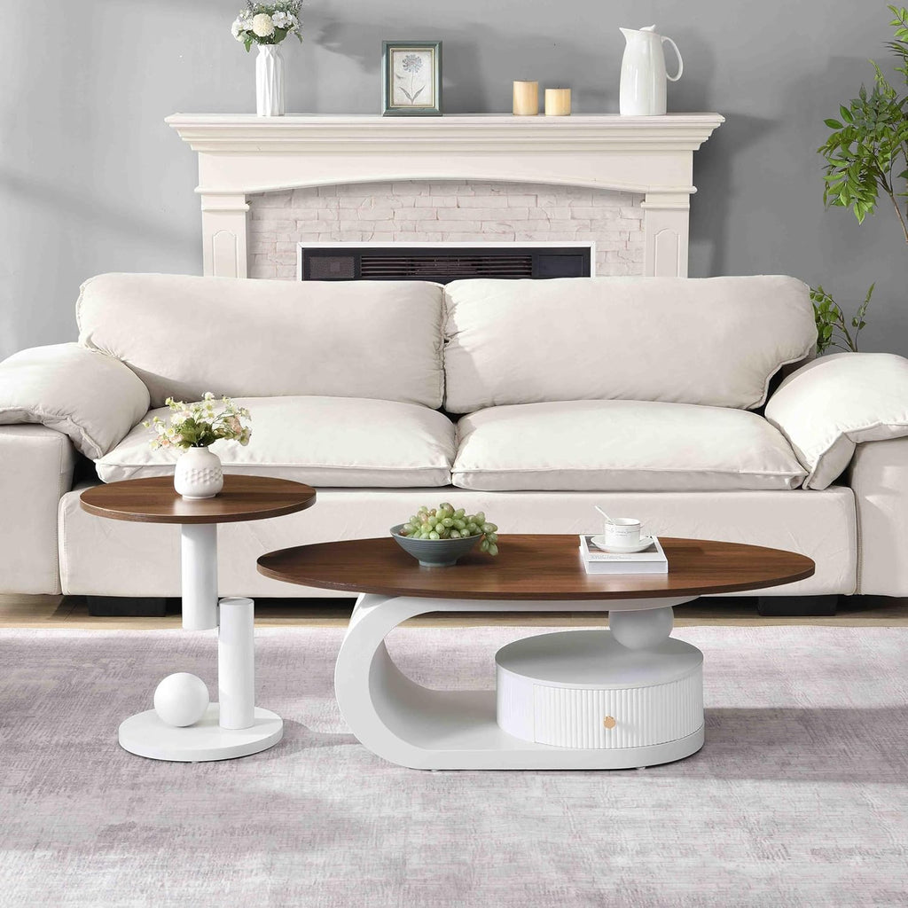 Modern Nesting Coffee Table Set of 2, 2-Piece Oval Decorative Living Room Table Set with Brown Wooden Top and White Metal Base and 1 Drawer, Oval Coffee Table and Round End Table Set