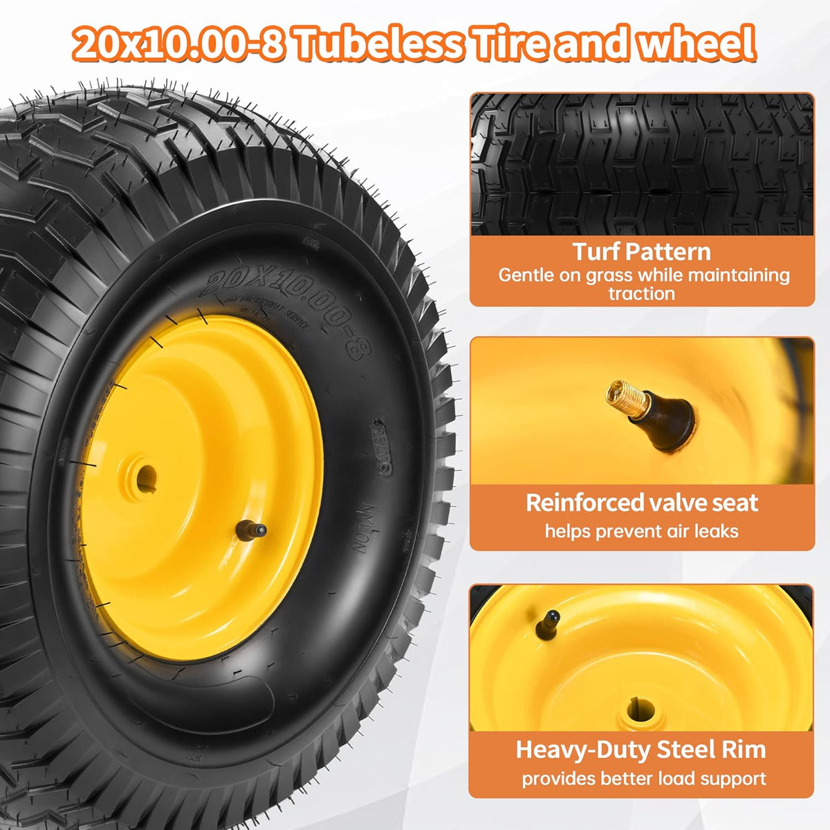 2 PCS 20x10.00-8 Tubeless Lawn Mower Tire and Wheel, 3/4' Borehole, 3/16' Keyway, 3.5' Offset Hub, 10' wide tires, 4 Ply, Replacement for 20x10-8 Tire Riding Lawn Mower Tractor Rear Tire and Wheel