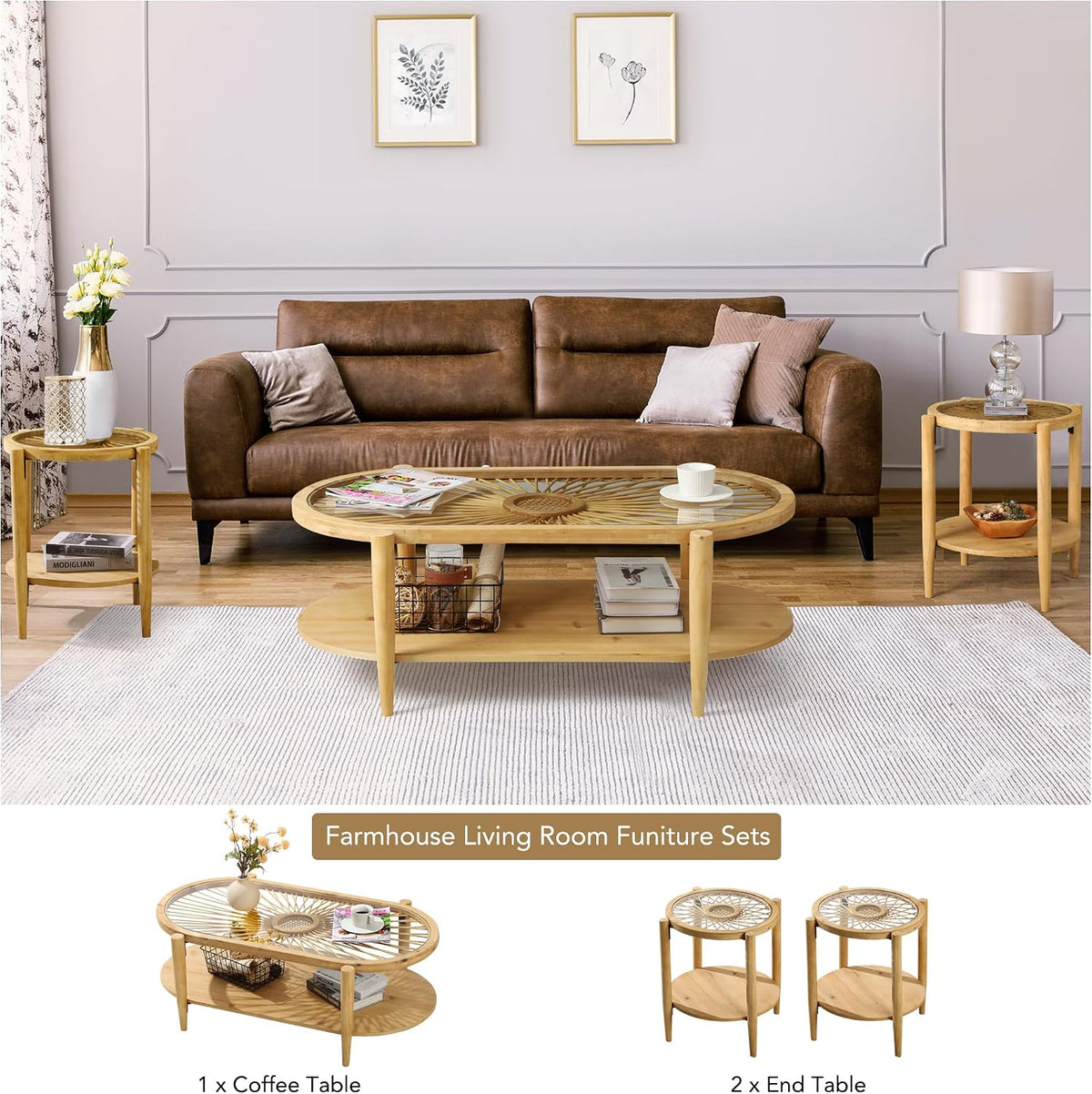 RUSTOWN Rattan Coffee Table Set of 3, Boho Living Room Table Set Includes Oval Coffee Table & 2 End Tables, 3-Piece Accent Sofa Side Tables Set with Rattan & Tempered Glass Top (Natural)