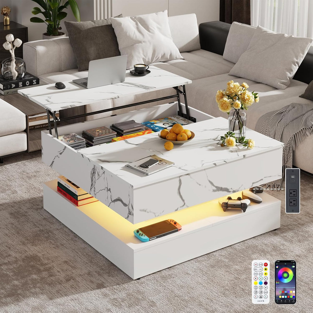 35.4' Large Square Coffee Table with Lifting top,Charging Station,Modern 2-Tier Square Center Table w/Hidden Compartment Storage,Tea Table with Wood Grain for Living Room, Office,White Marble