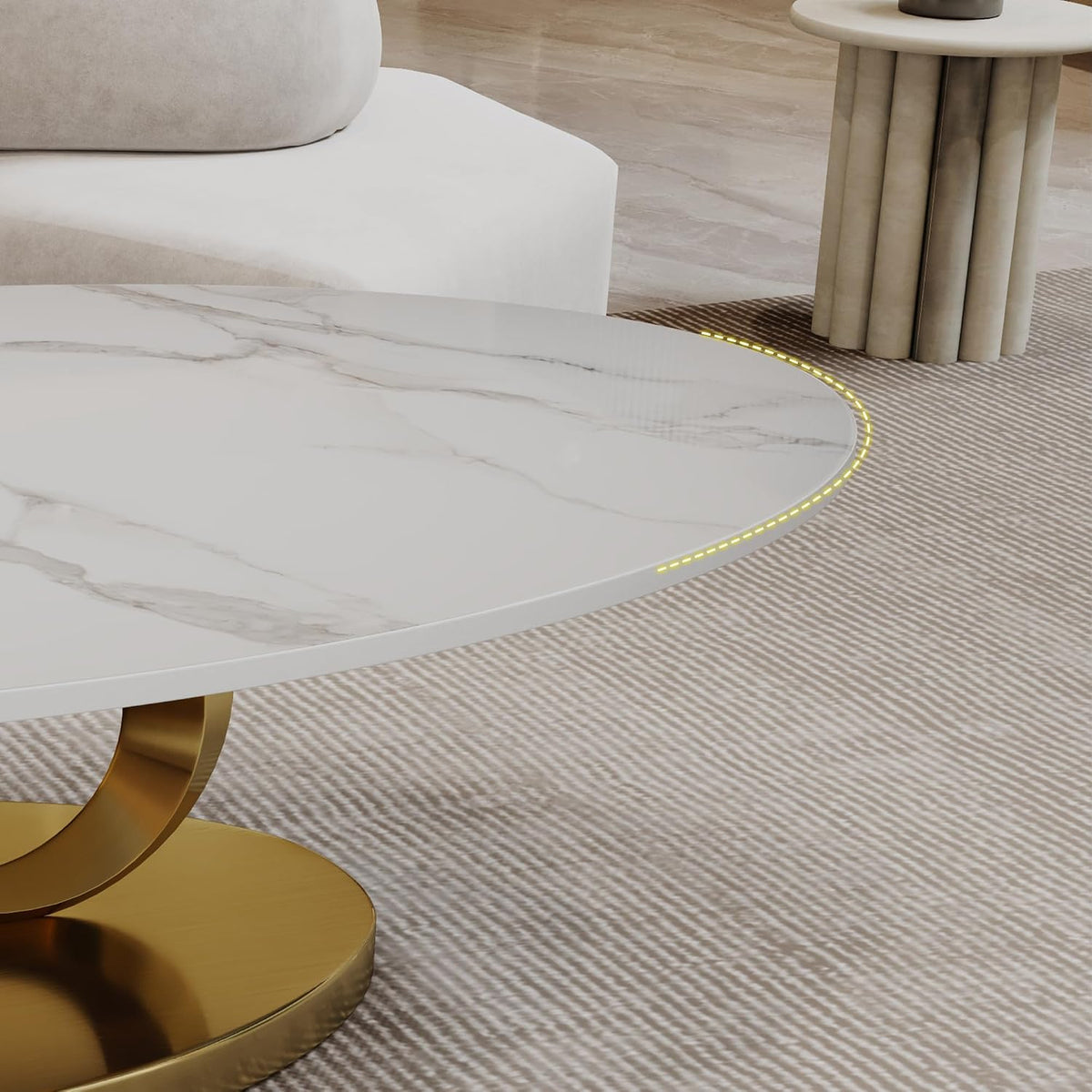 49.2' Oval Coffee Table, Modern Faux Marble Coffee Tables with Sculptural Sintered Stone Tabletop, Large Unique Tea Table with Stainless Steel Base for Living Room, Office, Bedroom, Gold+White